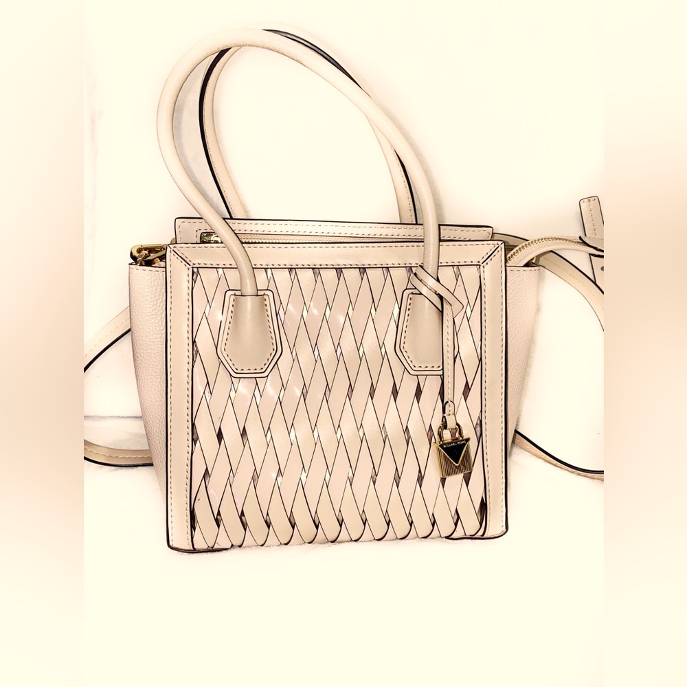 SOLD Michael Kors Crossbody Handbag Taupe Leather Basket Weave Bag